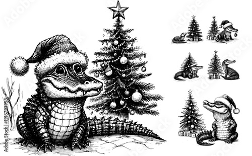 Alligator Christmas line art drawing ink sketch vector hand drawn illustration svg