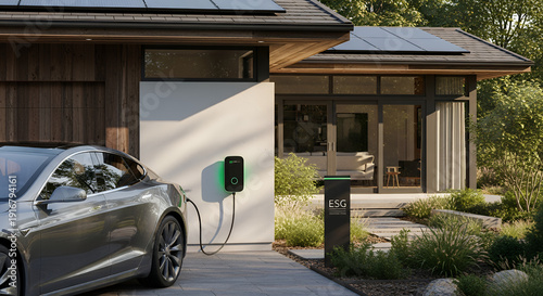 Modern home with solar panels and electric vehicle charging station in driveway, sustainable energy concept.