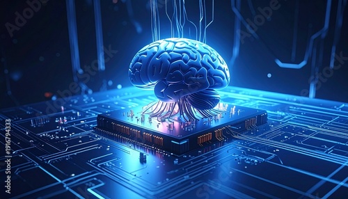 A hyper-realistic human brain wired into circuit boards and cables, glowing in a futuristic lab with monitors, symbolizing the fusion of biology and AI, cybernetics, and advanced machine intelligence.