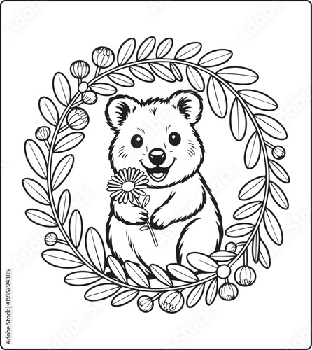 Cute animal with beautiful flowers coloring page for kids and adults, black line art vector illustration for 
activity page or book design