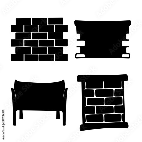 Black silhouettes of diverse architectural elements and furniture against a white background
