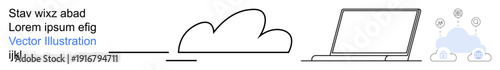 Cloud computing, data management, IT infrastructure, remote work, technology services, digital transformation. Minimalist line cloud, laptop and connected cloud icons. Cloud computing and data