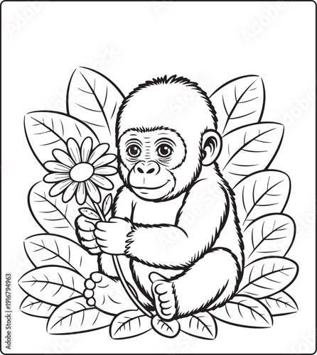 Cute animal with beautiful flowers coloring page for kids and adults, black line art vector illustration for 
activity page or book design