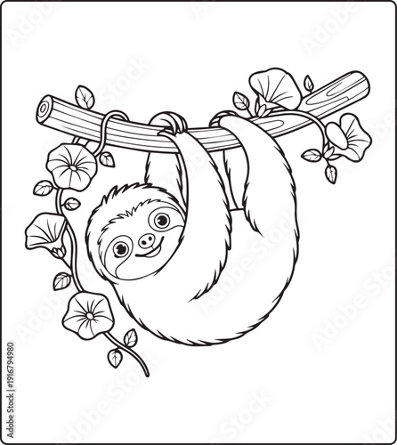 Cute animal with beautiful flowers coloring page for kids and adults, black line art vector illustration for 
activity page or book design