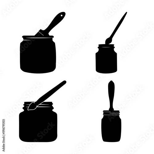Various art supplies silhouettes featuring paint jars and brushes for creative projects