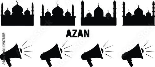 Schilderij op canvas Azan Call to Prayer Outline Icon Set Mosque and Loudspeaker Symbols