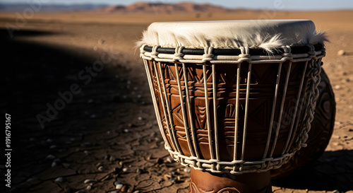 A traditional wooden djembe percussion instrument featuring an ethnic leather skin and decorative rope stands as an isolated object representing musical culture and rhythm