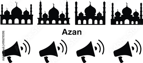Photos Azan Call to Prayer Outline Icon Set Mosque and Loudspeaker Symbols