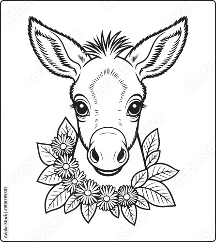 Cute animal with beautiful flowers coloring page for kids and adults, black line art vector illustration for 
activity page or book design