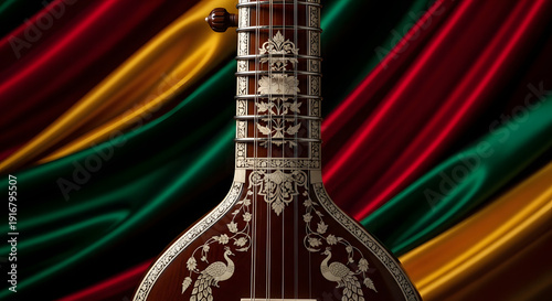 A vibrant red velvet and green curtain frames an electric rock guitar isolated on a black background, representing a musical instrument ready for a jazz or blues concert performance