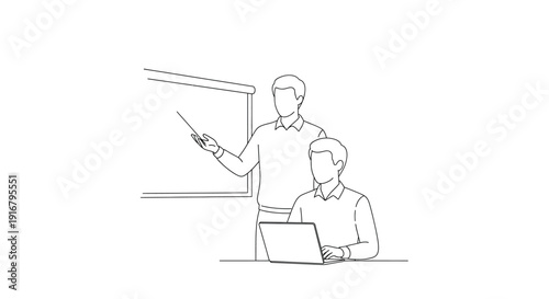 A teacher presenting with a pointer while a student works on a laptop