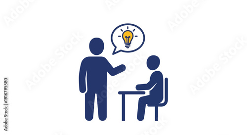 Two figures in conversation with a thought bubble containing a lightbulb