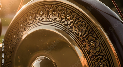 Detailed macro of a shiny golden metal door handle and bell on a Buddhist temple resembles the metallic ring top of an isolated aluminum beverage tin container