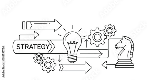 Business strategy concept with gears lightbulb arrows and chess piece illustration