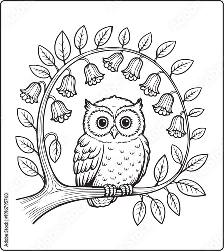 Cute animal with beautiful flowers coloring page for kids and adults, black line art vector illustration for 
activity page or book design
