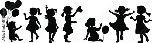 Black silhouette collection of happy young girls playing with balloons dancing and waving for childhood joy birthday celebration and elementary education lifestyle concepts.