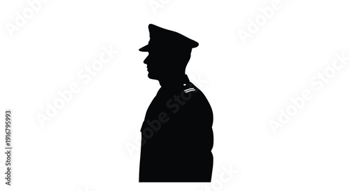Silhouette of a man in uniform likely a police officer facing left