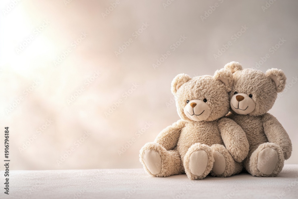 Fototapeta premium Two beige teddy bears sit close together on a soft surface against a neutral background, evoking warmth and comfort.