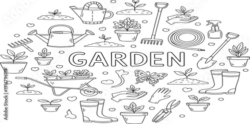 Garden Doodle Illustration with Plants, Tools, Watering Can and Gardening Elements for Nature, Farming, Hobby and Outdoor Design Projects