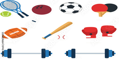 Sports Equipment Icon Set with Tennis, Soccer, Baseball, Boxing Gloves, Dumbbell and Fitness Training Gear for Athletic Design Projects