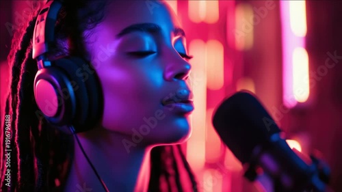 A young female singer in a professional recording studio, wearing headphones and singing into a microphone.