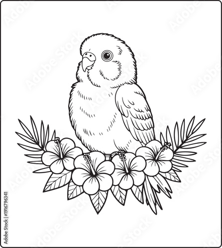 Cute animal with beautiful flowers coloring page for kids and adults, black line art vector illustration for 
activity page or book design