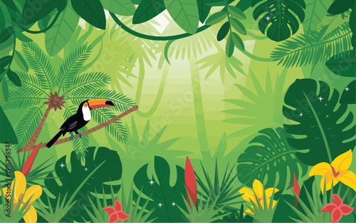Tropical toucan illustration, with exotic flowers and lush jungle leaves, ideal for rainforest themes, summer designs, botanical prints, wall art decor, and vibrant nature creative projects