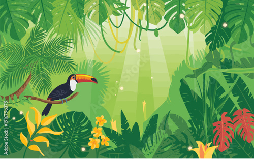Colorful jungle illustration, with tropical flowers and toucan bird, perfect for exotic nature designs, rainforest themes, summer prints, wall art, posters, and botanical creative projects