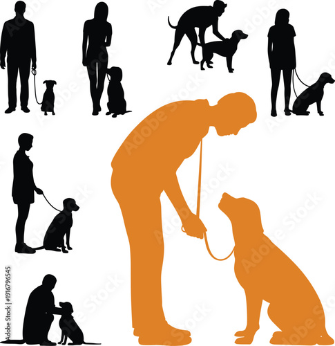 Black and orange silhouette collection of men and women walking and training their pet dogs on leashes for animal companionship and obedience concepts.