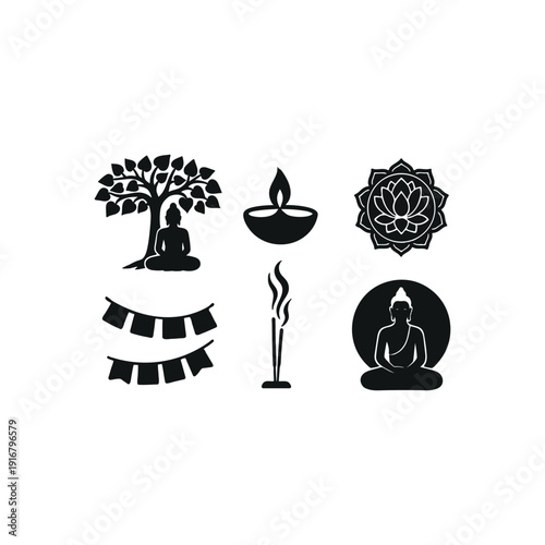 Black and white icons depicting buddhist and spiritual symbols with cultural significance