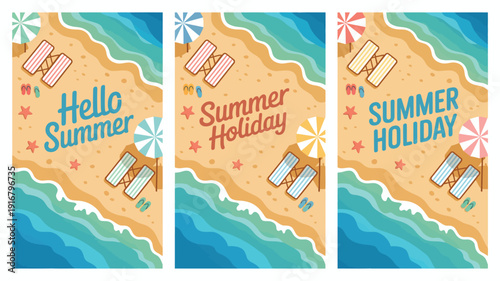  summer travel fliers, featuring beach items, waves, and tropical elements, ideal for vacation promotions, posters, banners, vector illustrations, and creative travel marketing projects
