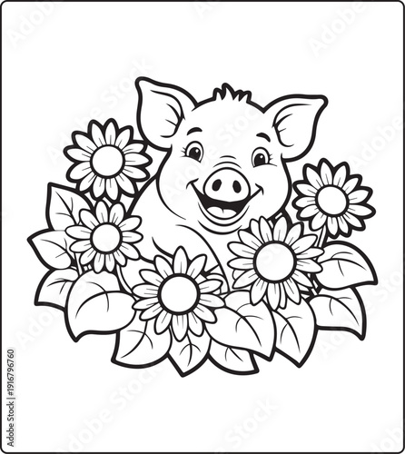 Cute animal with beautiful flowers coloring page for kids and adults, black line art vector illustration for 
activity page or book design