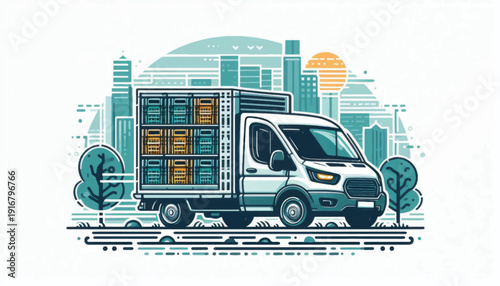 Delivery Truck with Packages on City Road.