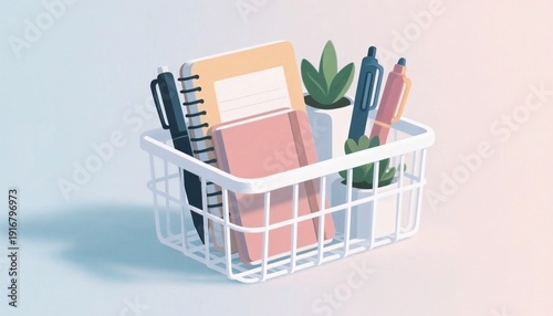Basket organizer with notebooks and pens in minimalist style  