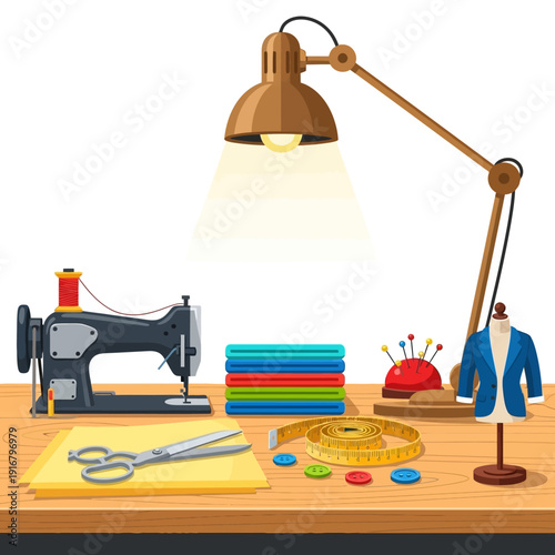 Sewing Machine, Fabric, Scissors, Measuring Tape, Buttons, and Mannequin on Table