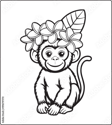 Cute animal with beautiful flowers coloring page for kids and adults, black line art vector illustration for 
activity page or book design