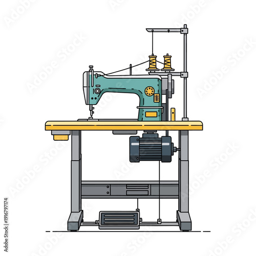 Industrial Sewing Machine on Table with Motor and Foot Pedal, Flat Design