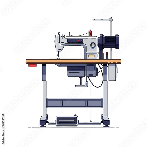 Industrial Sewing Machine on Table with Motor and Foot Pedal