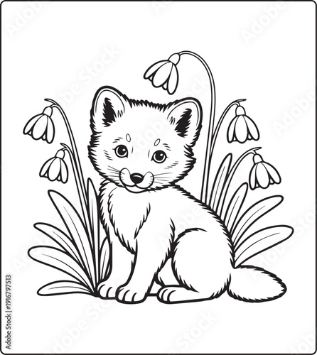 Cute animal with beautiful flowers coloring page for kids and adults, black line art vector illustration for 
activity page or book design