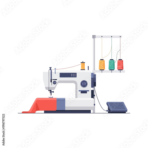 Modern Sewing Machine with Colorful Threads and Fabric, Professional Tailoring Equipment