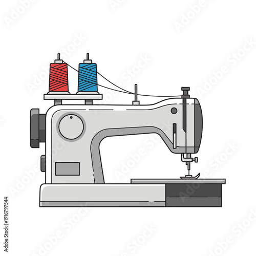 Modern Sewing Machine with Red and Blue Thread Spools on White Background