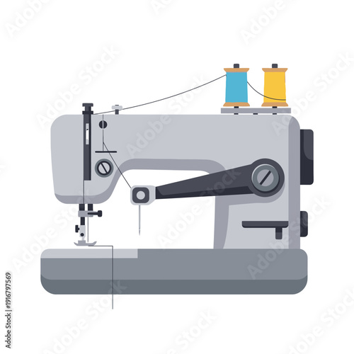 Modern Sewing Machine with Spools of Thread, Flat Design