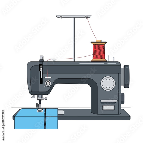 Modern Sewing Machine with Red Thread Stitching Blue Fabric