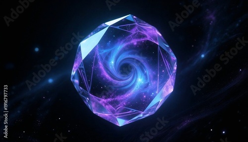 Abstract cosmic vortex in geometric crystal structure with purple hues  