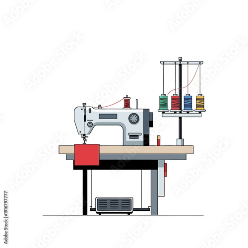 Sewing Machine with Colorful Threads on Table, Crafting Equipment Illustration