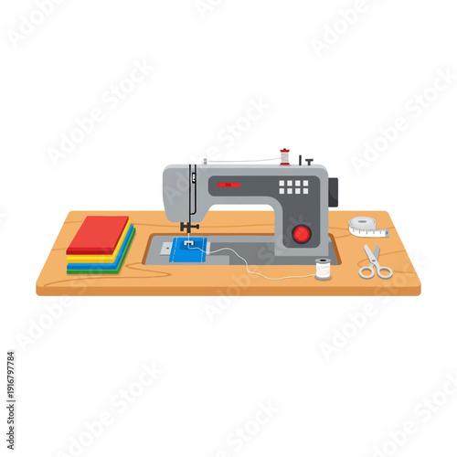 Sewing Machine with Fabric, Thread, Scissors and Tape Measure on Wooden Table