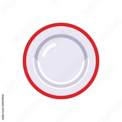 white plate, red rim dish, dining tableware, colorful vector flat style illustration