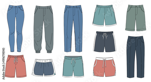 A colorful assortment of pants and shorts arranged neatly on a white background
