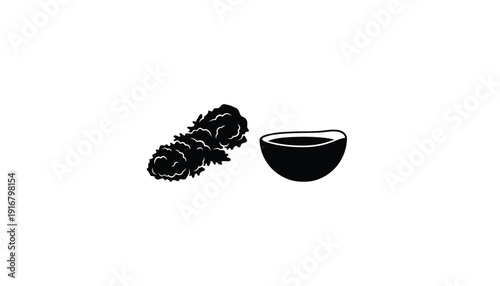 Minimalist black and white illustration of a sea cucumber with a dipping sauce bowl.