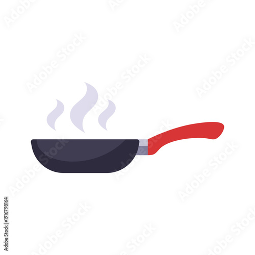 black frying pan, red handle, stovetop cooking, colorful vector flat style illustration
